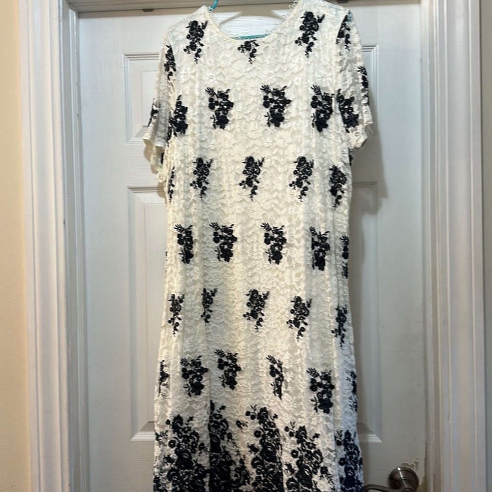 White lace with blue flowers.  Short sleeve.  Never worn